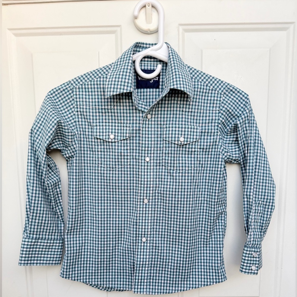 Wrangler Boys Medium Western Snap Shirt Green Gingham Cowboy Rodeo